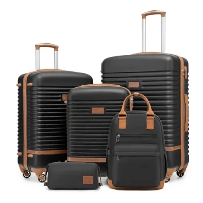 Afbeelding van COOLIFE Harde ABS trolleykoffer, 4 wielen, TSA slot, koffer bevat 1 reisrugzak en toilettas, Zwart/Bruin, Prachtig vormgegeven reisset