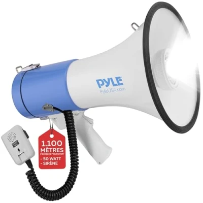 Afbeelding van Pyle Compacte Megafon luidspreker met led zaklamp, alarmsirene, instelbaar volume, 50 W, draagbaar, afneembare microfoon, voor batterijen, binnen en buiten (PMP51LT)