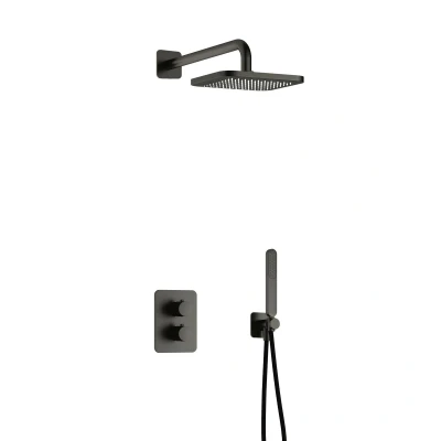 Afbeelding van Hotbath Gal Regendoucheset IBS40A Geborsteld Gunmetal PVD Staaf Handdouche 22cm Hoofddouche Wandarm met wandhouder