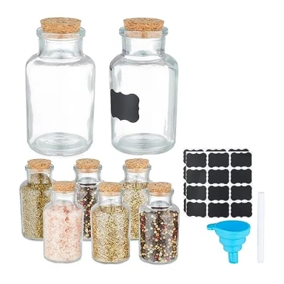 Afbeelding van Relaxdays kruidenpotjes set van 8 kurken deksel glazen potjes 150 ml mini rond