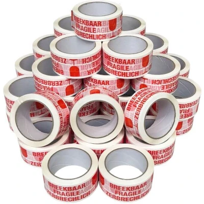Afbeelding van Breekbaar Tape, Wit Met Rood 50mm X 66mtr. 36 Rollen.