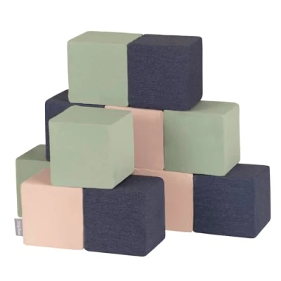 Afbeelding van KiddyMoon Lot de 12 cubes en mousse pour bébé Jouets Montessori avec et beaucoup plaisir les enfants, fabriqué dans l&#039;UE, blocs : bleu foncé/beige/sauge