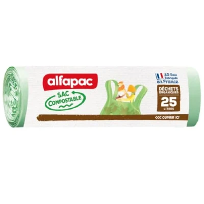 Afbeelding van ALFAPAC Composteerbare zakken met handgrepen sorteren van organisch afval biologisch afbreekbaar OK COMPOST HOME gecertificeerd gemaakt in Frankrijk 10 x 25 l