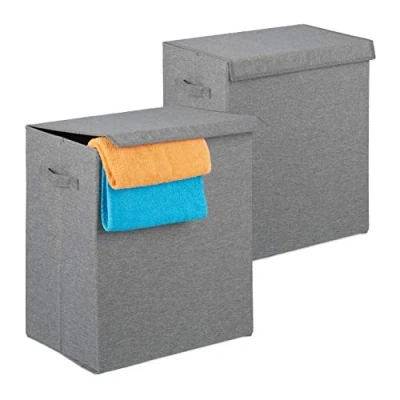 Afbeelding van Relaxdays 2x opvouwbare wasmand draagbaar voor wasgoed 61 liter wasbox deksel grijs