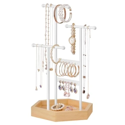 Afbeelding van Sieradenstandaard, sieradenhouder, sieradenboom van metaal en hout, sieraden bewaren voor halskettingen, armbanden, oorbellen, oorstekers, ringen. Cadeau meisjes vrouwen, wit