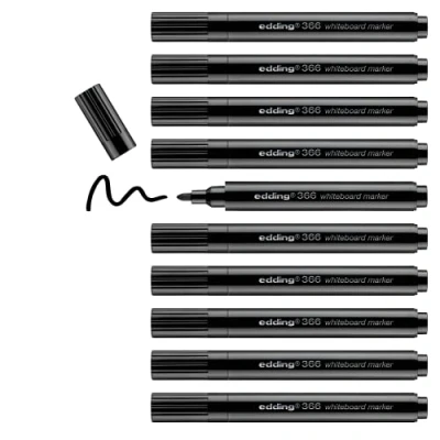 Afbeelding van edding 366 whiteboard markers zwart, 10 pennen, ronde punten, 1 mm, droog afwasbaar, voor whiteboards, glaspanelen, magneetborden en notitieborden