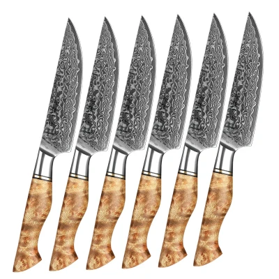 Afbeelding van Steakmessen Damascus staal Set van 6 stuks Handvaten Plataanhout met Klinknagel Mozaïek HEZHEN B30 Series