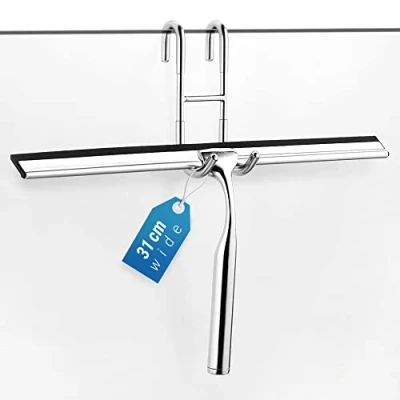 Afbeelding van ecooe Douchetrekker van roestvrij staal, douchewisser 31 cm, met haak zonder boren en 2 siliconen reservewissers, schraper voor badkamer, spiegel, reiniging glas, tegels