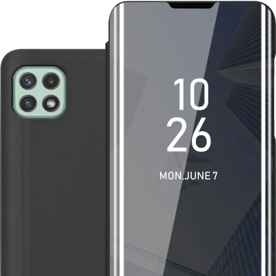 Afbeelding van Cadorabo Hoesje geschikt voor Samsung Galaxy A22 5G in TOERMALIJN ZWART Clear View Spiegel Beschermende Case met Tribunefunctie 360 Graden Bescherming Book Cover Etui