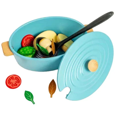 Afbeelding van Bigjigs Toys Lot de 17 moules à gratin en bois pour aliments enfants et accessoires cuisine partir 18 mois