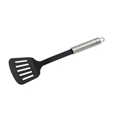 Afbeelding van Fackelmann 33 cm ovale gleuf spatel praktische plastic met ergonomische roestvrijstalen handgreep kookgerei (zilver/zwart), hoeveelheid: 1 stuk