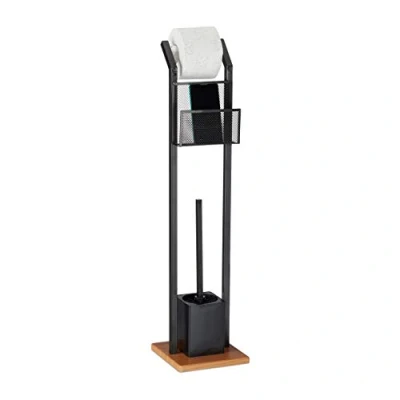 Afbeelding van Relaxdays toiletbutler toiletrolhouder toiletborstel opbergruimte telefoon zwart