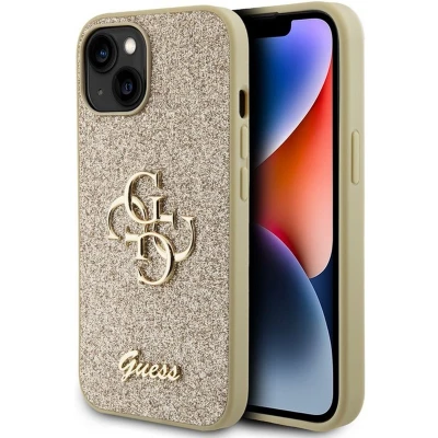 Afbeelding van Guess 4G Logo Glitter Back Case Geschikt voor Apple iPhone 15 (6.1&quot;) Goud