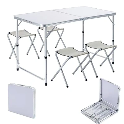 Afbeelding van KADAX Campingmeubelset, campingtafel met klapstoelen, klaptafel 4 stoelen, in hoogte verstelbaar, klaptafel, multifunctionele (zilver)