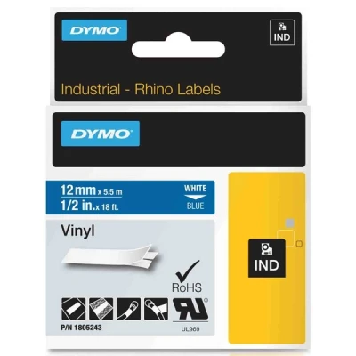 Image de DYMO Rhino Etiquettes Industrielles Vinyle 12mm x 5.5m Blanc sur Bleu