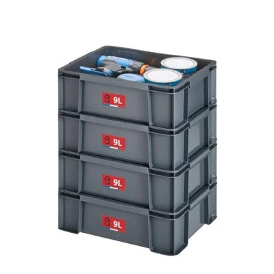Afbeelding van SUNDIS Master Box, set van 4 opbergbakken, 9 l, gerecycleerde kunststof, robuust en versterkt, rechte wanden, stapelbaar combineerbaar, ideaal voor werkplaats, doe het zelf of transport