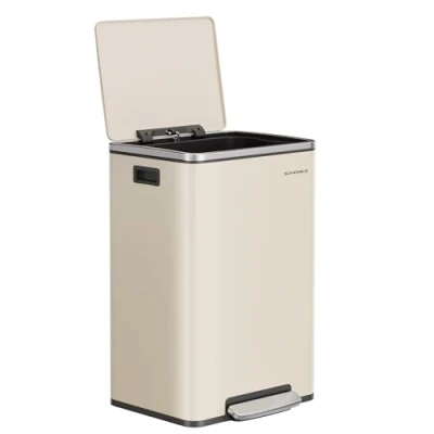 Afbeelding van SONGMICS Afvalemmer 50 l, 15 vuilniszakken, staal, uitneembare binnenemmer van kunststof, met deksel, handgrepen, zachte sluiting, crème LTB595A02