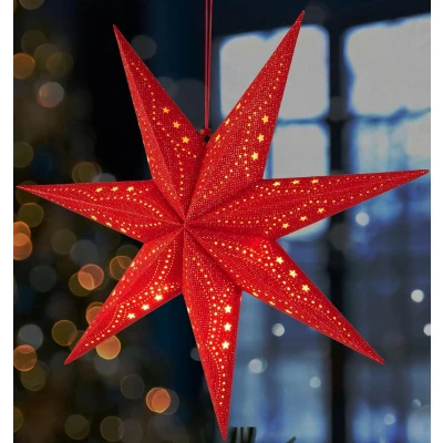 Afbeelding van BRUBAKER 3D Hangende Kerstster Raampapier Ster met E14 Voet 60 cm Advent Decopatroon Kerst Lichtster Set 3,5 m Kabel Ophangen Rood