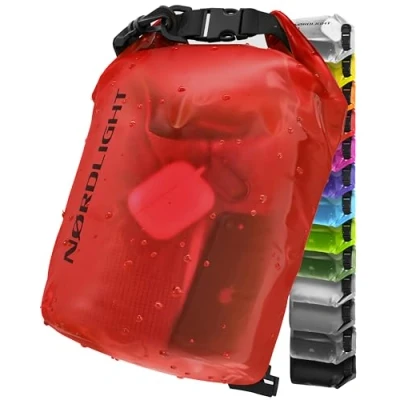 Afbeelding van waterdichte tas 15 l, Dry Bag, met roltopsluiting en schouderriem. Zwemmen, strand, kanoën, suppen, duiken, rood