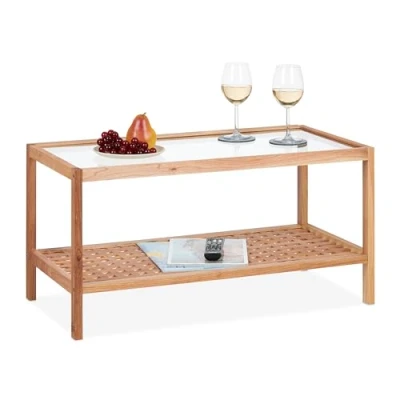 Afbeelding van Relaxdays salontafel hout koffietafel met glazen blad opbergruimte lage bijzettafel