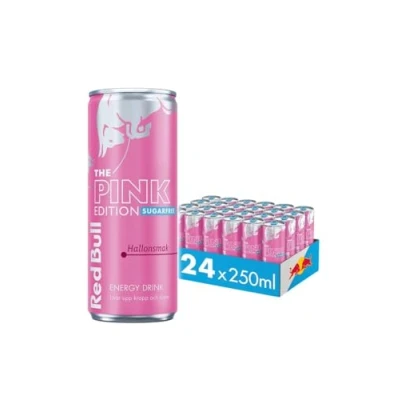 Afbeelding van Red Bull 24 stuks energiedranken zonder suiker (24 x 250 ml) verfrissende framboossmaak Zweedse roze editie exclusief en niet verkrijgbaar in één regio