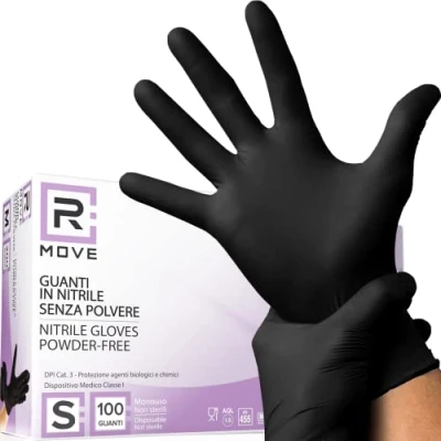 Afbeelding van R MOVE 100 zwarte nitril handschoenen, maat S, poedervrij, latexvrij, hypoallergeen, wegwerphandschoenen voor schoonheidsspecialisten, tatoeages, medische gebieden en levensmiddelen