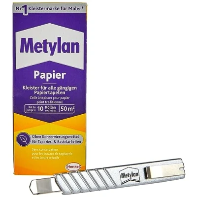 Afbeelding van Metylan Kleister Forte Licht, normaal en zwaar, lijm voor behangen knutselen, verpakking van 125 g een gratis papiersnijder, 9H MPP40B1X, wit
