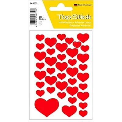 Afbeelding van TopStick 1339 stickers met hartmotieven, 200 stickers, papier, mat, zelfklevend, decoratieve etiketten voor bruiloft, cadeau, verjaardag, Valentijnsdag, liefde, scrapbooking, rood