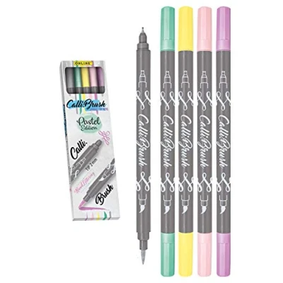 Afbeelding van Calli.Brush Pastel, set van 5 kalligrafiestiften, met twee pagina&#039;s (kalligrafiezijde 2 mm en flexibele penseelzijde) voor handlettering/bullet journaling/creatief schrijven