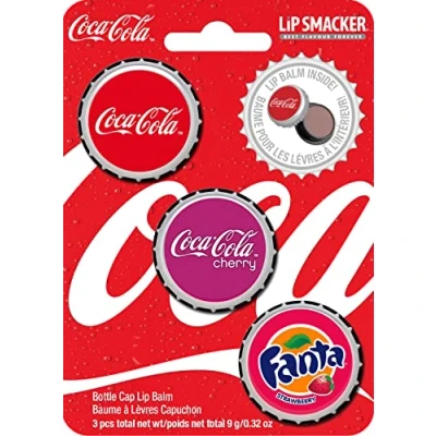 Afbeelding van Lip Smacker Coca Cola Collection, Set van 3 geurende lippenbalsems, Classic Coke, Cherry Coke en Fanta Strawberry, hydraterend verfrissend