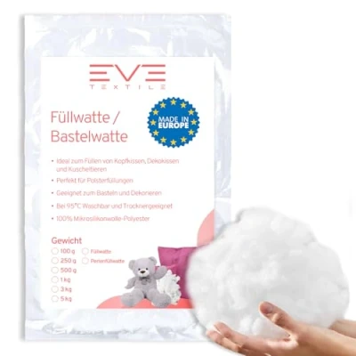 Afbeelding van EVE Textile® Premium vulwatten voor kussens, pluche en knutselwerk, 100% polyester, wasbaar tot 95 C (vulwatten, 250 g)