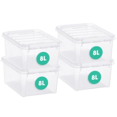 Image de SmartStore 8L Boites Rangement Plastique avec Couvercles Lot de 4 Emboîtables et Empilables Apte au contact alimentaire, sans BPA Fermeture à Clips Transparentes l 34 x 25 H 16 cm