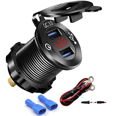 Afbeelding van iMESTOU USB 12V Aluminium Telefoon Oplader, Quick Charge 3.0 Dubbele Waterdichte Stopcontact Met Voltmeter, 10A Zekering voor Auto 12V/24V Boot Marine RV ATV UTV Automotives...