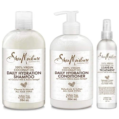 Afbeelding van 100% vierge kokosolie TRIO BUNDLE Conditioner voor dagelijkse hydratatie, 33 ml, hydratatieshampoo, 13 oz &amp; behandeling zonder uitspoelen, 8 per Shea Moisture