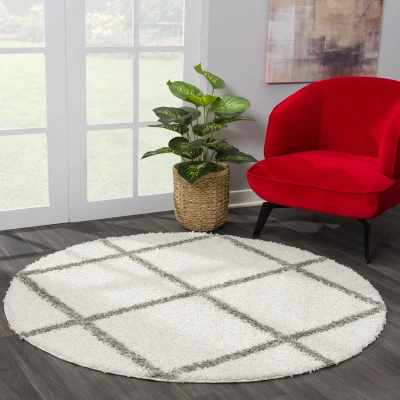 Afbeelding van Madrid Shaggy Design Vloerkleed Creme Hoogpolig 120 cm rond