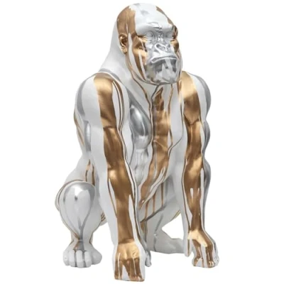 Afbeelding van HOME DECO FACTORY, HD0214, gouden gorilla beeld, uniek decoratief object, resistente hars, hoogte 45 cm, kleur zilver en wit, kunststof polyresin