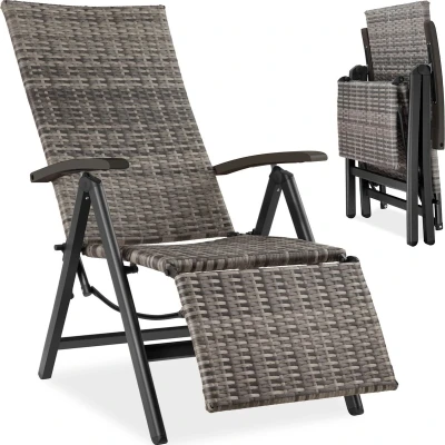 Afbeelding van Wicker tuinstoel opklapbaar met aluminium frame en voetsteun grijs