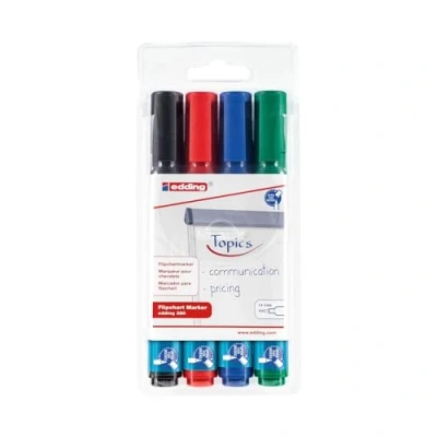 Afbeelding van edding 380 Ezel Markeerstiften, 4 stuks, zwart, rood, blauw, groen, ronde punt 1,5 3 mm, om te schrijven, tekenen en markeren op papier voor vergadertafel, geen overlopen
