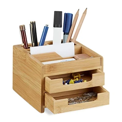 Afbeelding van Relaxdays pennenbakje bamboe bureau organizer bureaustandaard met lades klein hout