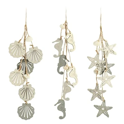 Afbeelding van COM FOUR® 3x hangende decoratie Maritiem om op te hangen schelp, zeepaardje en zeester van hout (3 stuks 30cm)