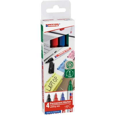 Afbeelding van edding 400 permanent marker set met 4 kleuren zwart, rood, blauw, groen ronde punt 1 mm geschikt voor vele ondergronden navulbaar