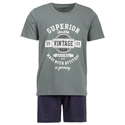 Afbeelding van Henry Terre Korte pyjama voor heren, vintage, blauw, 2 delig, M tot 5XL, katoen, Groen