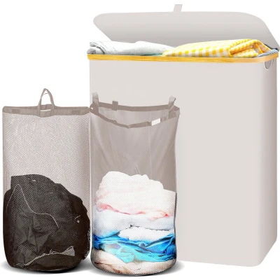 Afbeelding van Lugia Wasmand 2 Waszakken 141L Natuurlijk Bamboe met Deksel Beige
