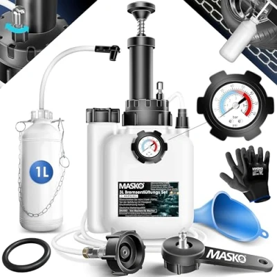 Afbeelding van Masko® Remvloeistofontluchter voor auto, 3 l, auto remontluchter met handpomp en 1 l zuigtank, E20, adapter, slang toegang, wit