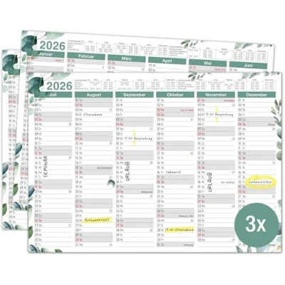 Afbeelding van TOBJA kalender 2025, DIN A4, eucalyptus, met vakantie en feestdagen, jaarkalender als jaarplanner, 12 maanden vellen, papier