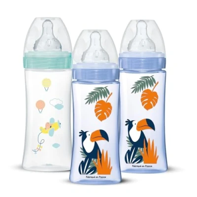 Afbeelding van Set van 3 babyflessen DODIE Anti koliek Ronde spenen 330 ml +6 maanden snelheden Debiet Blauw en groen