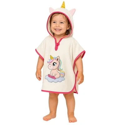 Afbeelding van LAYNENBURG Hoogwaardige badponcho voor kinderen met capuchon, 100% katoen, Öko Tex gecertificeerd, ponchohanddoek van badstof, Crème Eenhoorn
