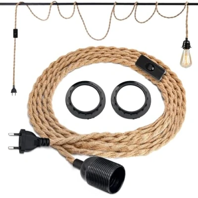 Afbeelding van Kroonluchter henneptouw, 3 meter, enkele kop, hangende lichtkabel, E27 stekker, vintage kroonluchter, henneptouw met schakelaar, doe het zelf, hanglamp voor huis, slaapkamer, bar