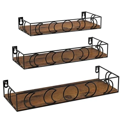Afbeelding van EYMPEU Wandrek van hout en metaal met maanmotieven, set 3 zwevende wandplanken voor keuken, badkamer, kantoor, woonkamer