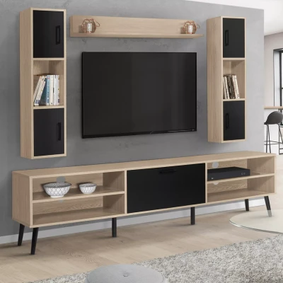 Afbeelding van Ensemble meuble TV et étagères HOUSTON bois noir 180 cm